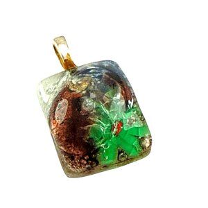 Murano Style Art Glass Pendant Multicolor Green Flower Design Jewelry